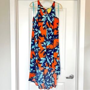 Maeve Anthropologie Dress Women Size 6 Orange Blue Sunset Hibiscus Floral Hi-Low